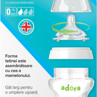 Adora Biberon cu gat larg si tetina anticolici 0 3 luni 150ml